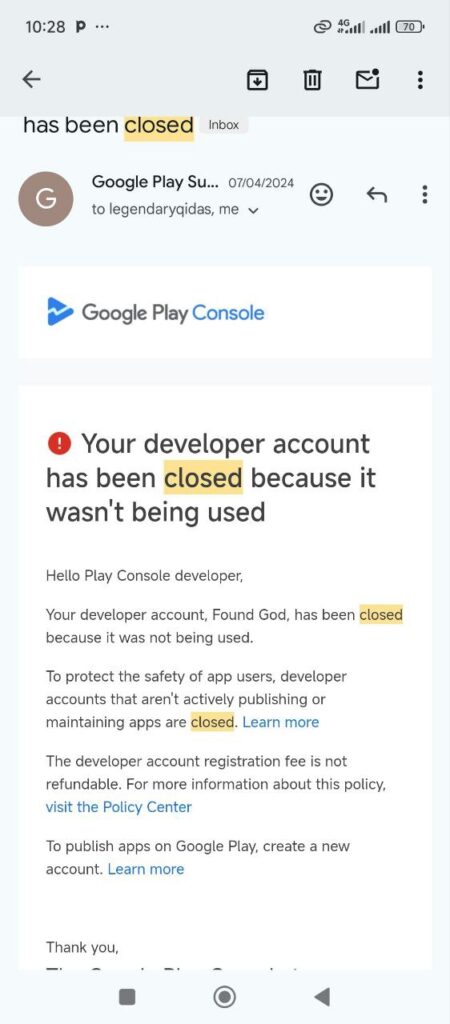 google play console close due to inactivity of use